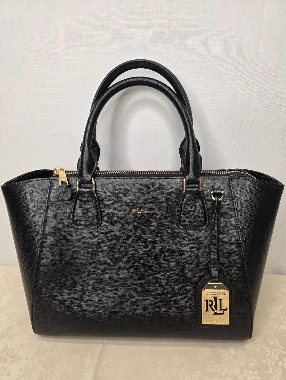 NWT Lauren Ralph Lauren Stefanie II Leather Satchel Bag Black Gold RLL Tote